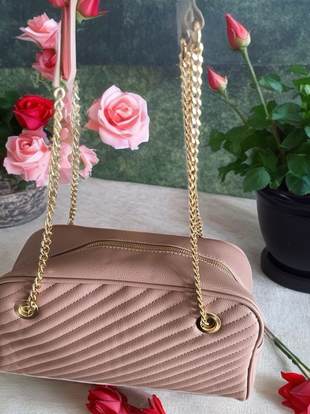 Quilted Blush Pink Chain-Handle Satchel
